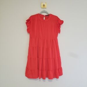 MIHOLL Tiered Dress Small Red Ruffle Flutter Sleeve Preppy Girly Feminine Office